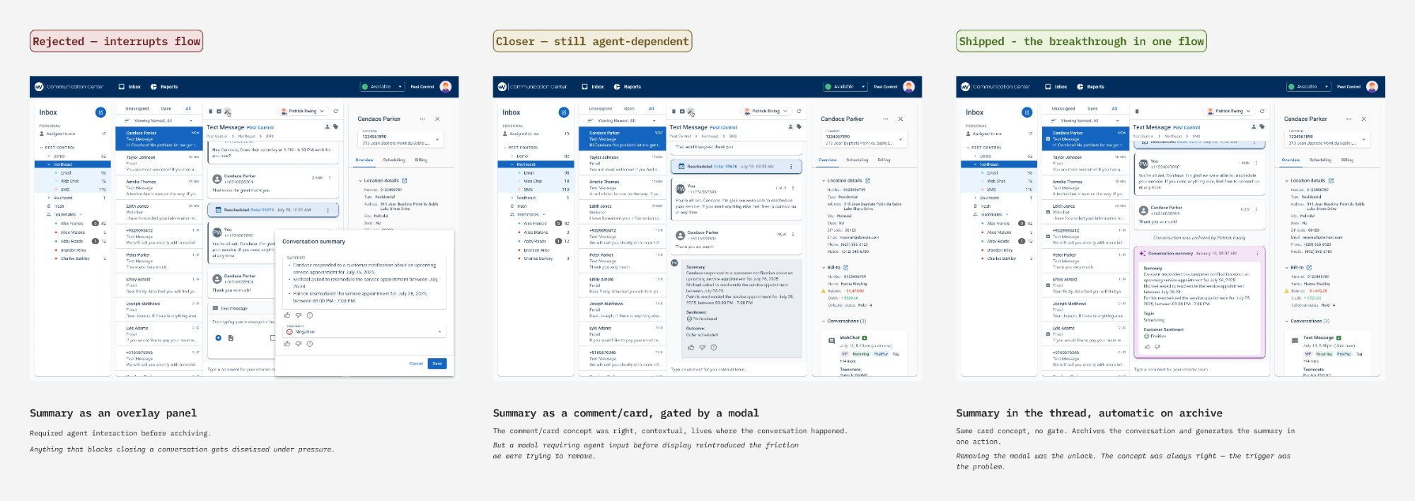 Three design iterations: rejected overlay panel, modal gate, and final in-thread summary